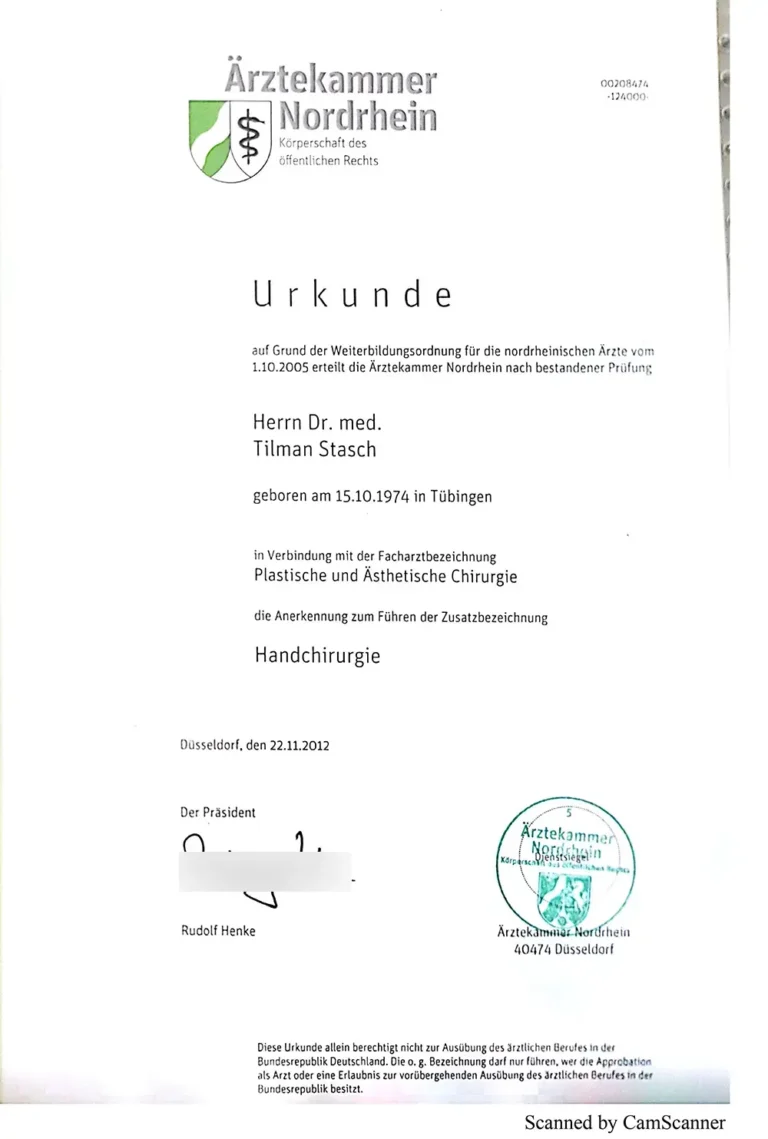 Specialist Certificate for Handsurgery in Germany