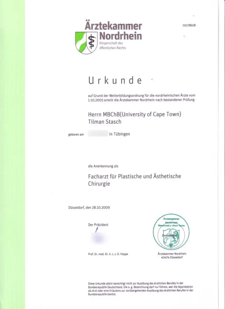 Specialist Certificate for Plastic Surgery in Germany pg2