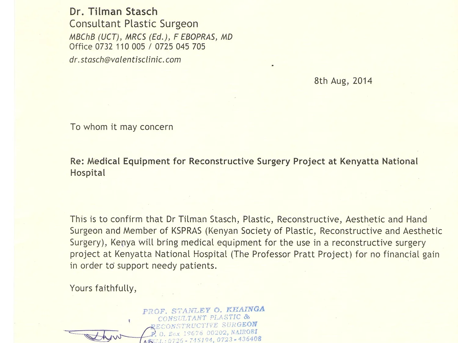Letter Medical Equipment for Reconstructive Surgery Project at KNH uai